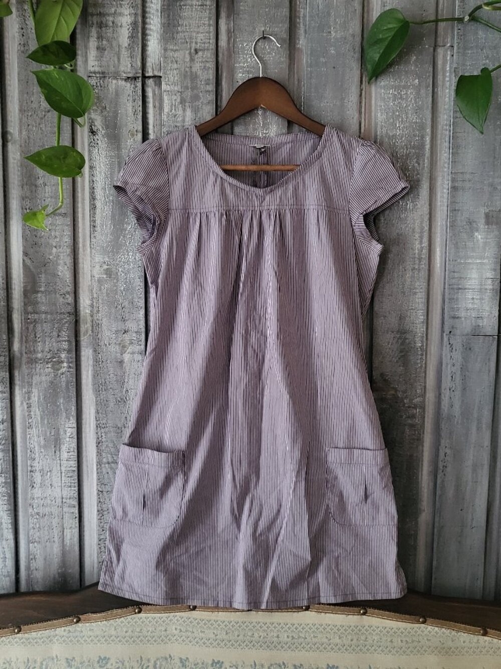 Vintage Dynamite Striped Tunic Mini Dress Purple White Y2K Pocket Cotton Stretch